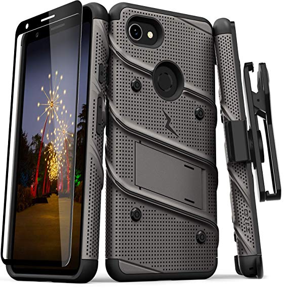 ZIZO Bolt Series Google Pixel 3a XL Case | Heavy-Duty Military-Grade Drop Protection w/Kickstand Included Belt Clip Holster Tempered Glass Lanyard (Metal Gray/Black)