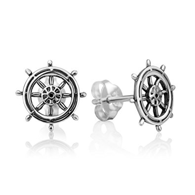 925 Oxidized Sterling Silver Tiny Vintage Nautical Navy Wheel Symbol Post Stud Earrings 11 mm