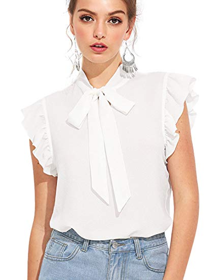 Romwe Women's Casual Short Sleeve Ruffle Bow Tie Blouse Top Shirts