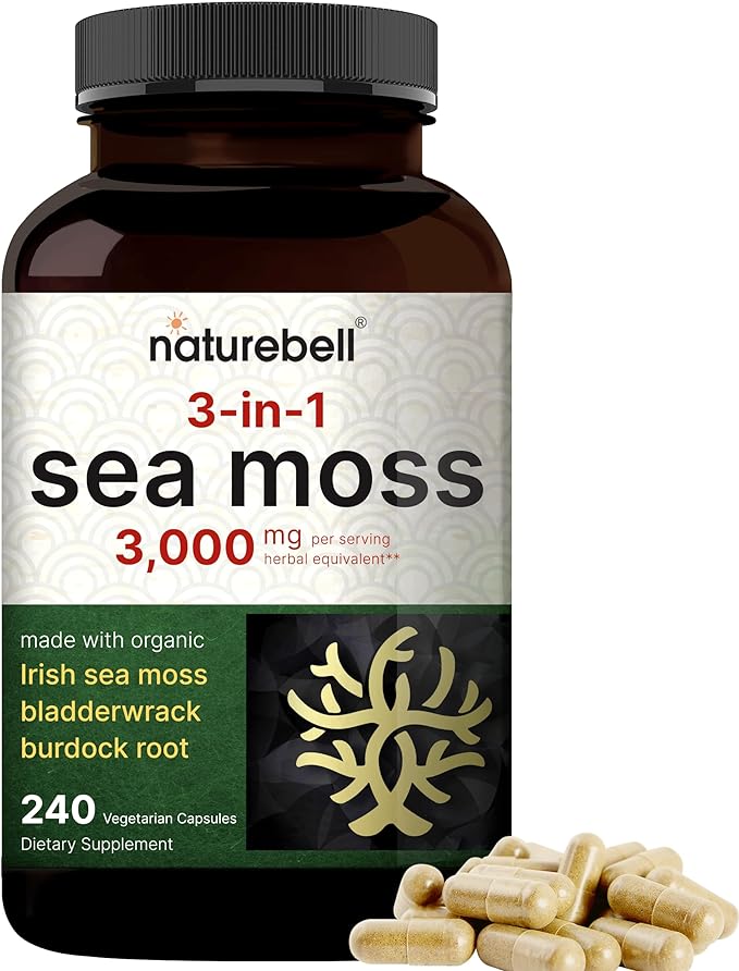 NatureBell Irish Sea Moss Capsules, 3,000mg Per Serving, 240 Veggie Pills | Made with Organic Raw Powder – 3 in 1 Plus Bladderwrack & Burdock Root – Immune & Thyroid Superfood Support – Non-GMO