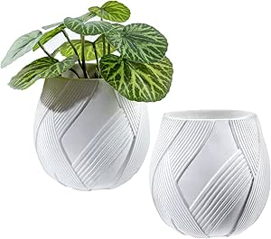 MyGift 5.5 Inch Round White Concrete Planter Pots with Embossed Weave Pattern, Decorative Indoor Garden Plant Containers for Small Houseplants, Set of 2