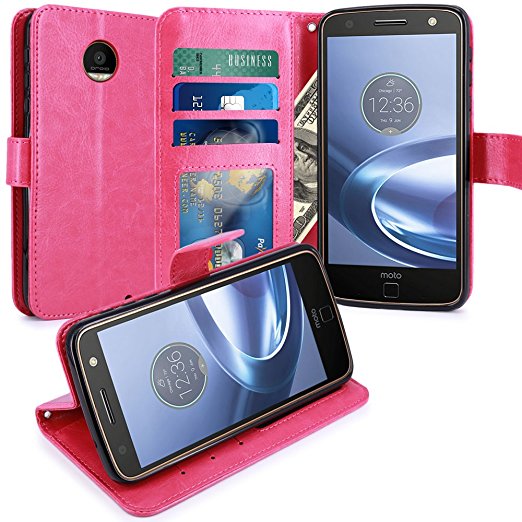 Moto Z Force Case, LK Luxury PU Leather Wallet Flip Protective Case Cover with Card Slots & Stand For Motorola Moto Z Force Droid (Hot Pink)