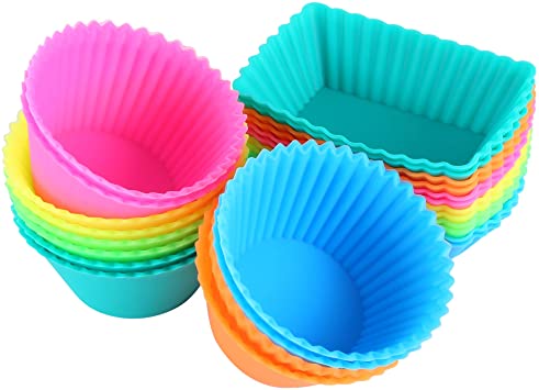 IPOW 24 Pack Silicone Cupcake Baking Cups Reusable Food-Grade BPA Free Non-Stick Muffin Liners Molds Sets, 2 Shapes Round Rectangle