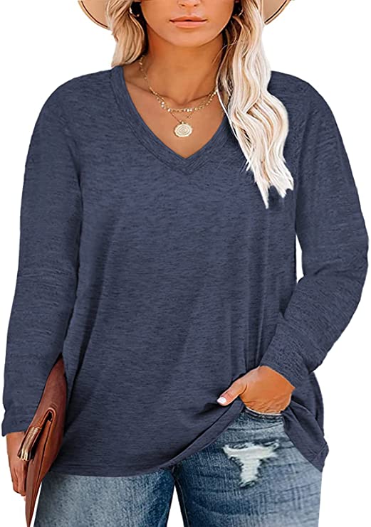 DOLNINE Plus-Size Tops for Women Long Sleeve V Neck T Shirts XL-4XL