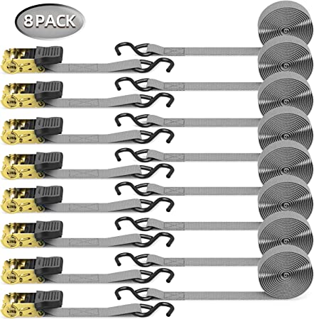 Ratchet Tie Down Strap 8-Pack 15 Ft - 500 lbs Load Cap with 1500 lbs Breaking Limit, Ohuhu Ratchet Tie Downs Logistic Cargo Straps for Moving Appliances, Motorcycle (Grey)