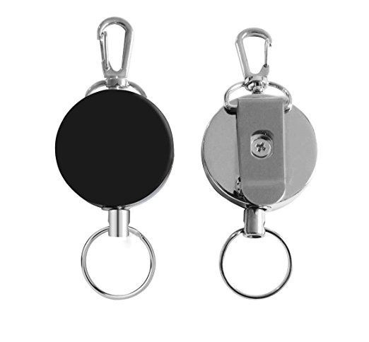 Popu-bar Badge Reel, Retractable Badge Holder Half Metal Key Reels Heavy Duty Retracting Badge Clips for ID Key (2 Packs Black and Silvery)