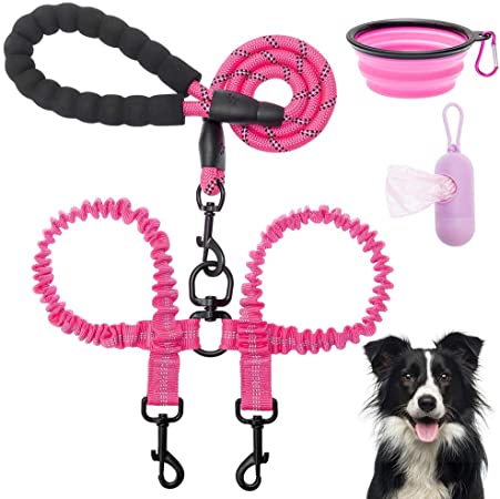 EXPAWLORER Double Dog Leash No Tangle - Strong Dog Rope Leash with Shock Absorbing Bungee Leashes, Dual Leash with Foldable Bowl & Poop Bags Dispenser, Suitable for Small Medium Large Dogs Walking