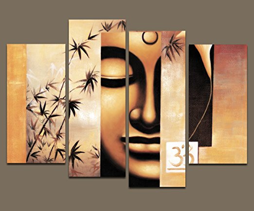 Wieco Art - Large Modern 4 Piece Stretched and Framed Giclee Canvas Prints Artwork Buddha Abstract Oil Paintings Reproduction on Canvas Wall Art Ready to Hang for Living Room Home Decorations L