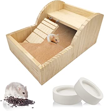 kathson Hamster Sand Bath Box Natural Wooden Small Pet Sand Bathtub Rat Shower Room with Climbing Ladder Food Bowl for Dwarf Syrian Mice Mouse Gerbil and Other Small Animal