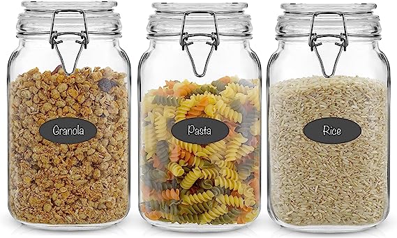 Airtight Glass Jars with Lids Set of 3. 50oz Glass Jar with Lid and 6 Silicone Seals! Med Glass Food Storage Containers. Square Mason Jar, Flour Jar, Candy or Cookie Jars for Kitchen Counter
