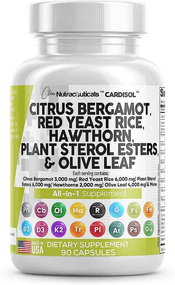 Clean Nutraceuticals Citrus Bergamot 3000mg Red Yeast Rice 6000mg Capsules with Plant Sterols 6000mg - with Hawthorn Extract Olive Leaf Niacin Vitamin K3 D3 COQ10 Guggul & More - USA Made