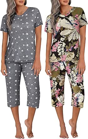 Ekouaer 2 Pack Women's Sleepwear Capri Pajama Sets Short Sleeve Two-Piece Pjs V Neck Tops & Capri Pants with Pockets S-3XL