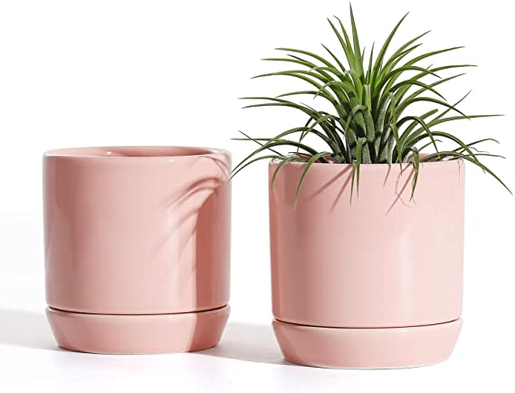 POTEY 055303 Succulent Planter Pots - 3.1 Inch Glazed Ceramic Small Planters Pot with Drainage Hole & Saucer Indoor for Plants Cactus Succulent(Set of 2, Plants NOT Included)