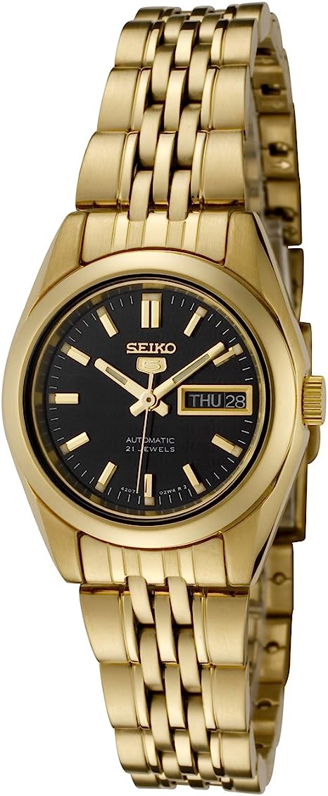 SEIKO Women's SYMA40K 5 Automatic Black Dial Gold-Tone Stainless Steel Watch