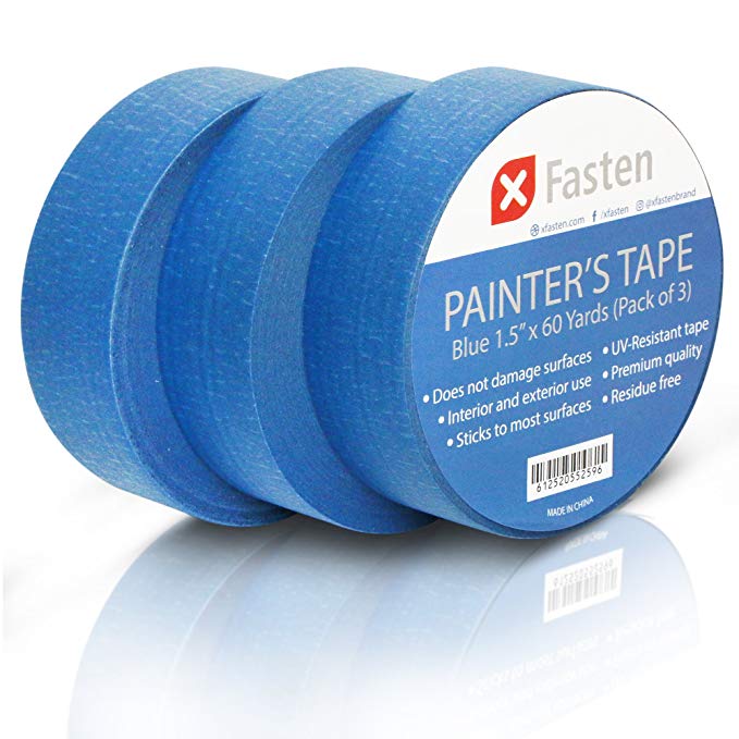 XFasten Professional Blue Painters Tape, Edge Lock, 1.5 Inches x 60Yards (3-Pack) - Produces Sharp Lines and Residue-Free Artisan Grade Clean Release Wall Trim Tape