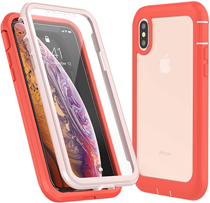 Eonfine iPhone X Case/iPhone Xs Case, Built-in Screen Protector Real 360° Full Body Protection Heavy Duty Shockproof Rugged Cover Skin for iPhone X/Xs 5.8inch (Rose Red/Clear)