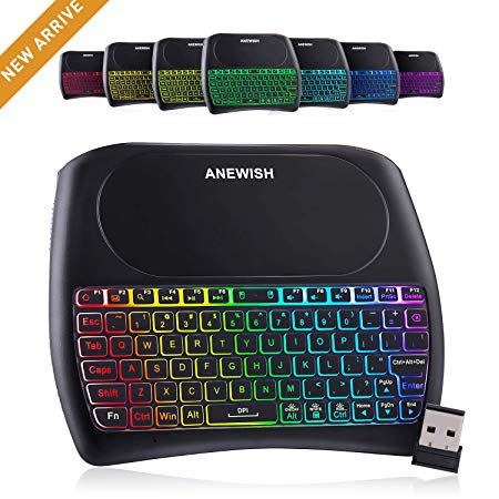 ANEWISH 2.4Ghz Mini Wireless Keyboard & Touchpad Mouse, 7 Color Backlight Rechargeable Remote Control. Handheld Air Remote Mouse PC,Android Tv Box,HTPC.IPTV,PS3,Mini PC More