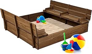 Best Choice Products Kids' Outdoor Wooden Sandbox Large, Cedar Wood with Foldable Bench Seats and Sand Protection, Bottom Liner Included - Walnut