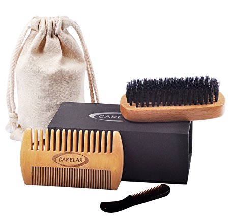CARELAX-Natural Boar Bristle Beard Brush and Comb Set for Men- Wide and Fine Teeth Sides Comb- Small Mustache Comb Kit for Easy Grooming- Gift Box & Cotton Pouch- Energetic and Softness to Your Beard