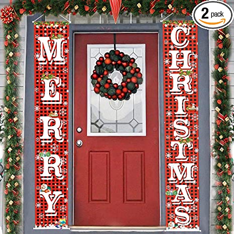 FECEDY Merry Christmas Hanging Banner Porch Sign with Pattern Christmas Tree Presents Snow Banner for Home Yard Indoor Outdoor Wall Door Christmas Party Decorations 72"x12"