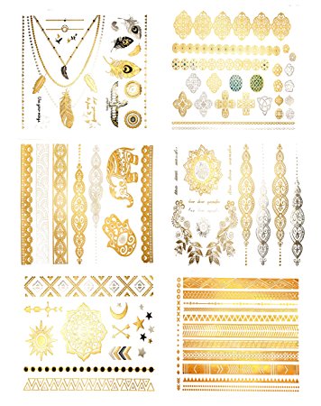 Premium Metallic Tattoos - 75  Shimmer Designs in Gold, Silver, Black - Temporary Fake Jewelry Tattoos By Terra Tattoos8482; (Serenity Collection)