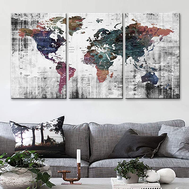 Original by BoxColors LARGE 30"x 60" 3 panels 30x20 Ea Art Canvas Print Watercolor background gray Old Map World Push Pin Travel Wall home decor (framed 1.5" depth) M1809