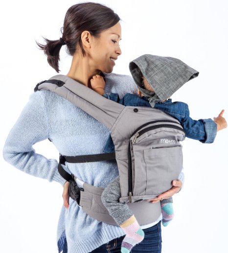 Mom Classic Cotton 3 Position Baby Carrier Stone Grey 9679 Soft Structured Ergonomic Sling w Mesh Cooling Vent Hood and Pockets 9679 Great Gift for New Moms