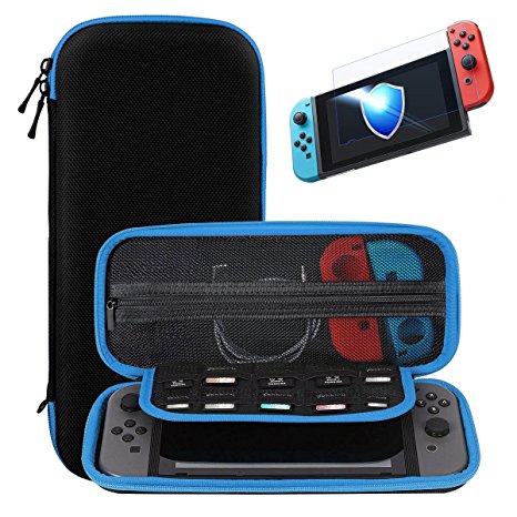 Nintendo Switch Carry Case   Premium Tempered Glass Screen Protector, SHareconn Portable Protective Hard Shell Cover Travel Storage Bag with 10 Game Cartridge for Nintendo Switch Console & Accessories (Blue)