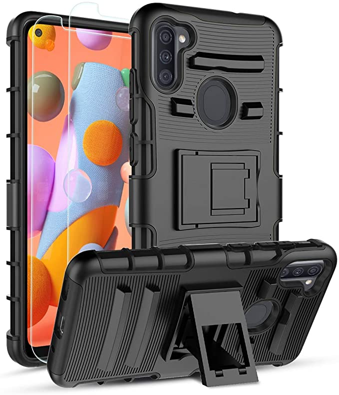 RioGree for Samsung Galaxy A11 Case Phone Cover with 2 PCS Screen Protector Kickstand Stand for Military Rugged Hybrid Armor Anti-Scratch Heavy Duty Shockproof (Black)