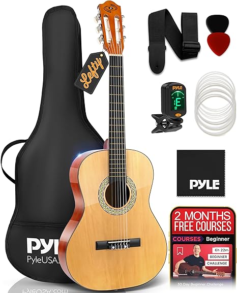 Pyle Left Handed Beginner Acoustic Guitar Kit, 3/4 Junior Size All Wood Instrument for Kids, Adults, 36" Natural Gloss