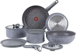 T-fal Ingenio Essentials Cookware Set with Detachable/Removable Handle 11 Piece, Granite Titanium Non Stick, Induction, Oven Broiler Safe 500F, Stackable, Pots and Pans Set, RV Camping, Fry Pans Gray