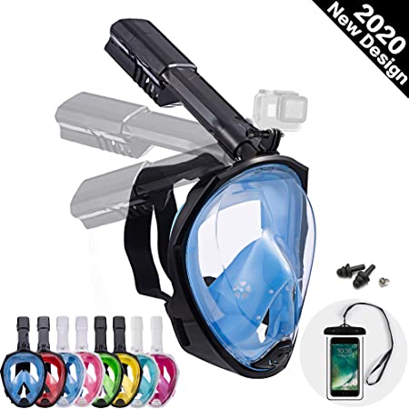 Dekugaa Full Face Snorkel Mask, Snorkeling Mask with Detachable Camera Mount, 180 Degree Panoramic Viewing Upgraded Dive Mask with Safety Breathing System Dry Top Set Anti-Fog Anti-Leak