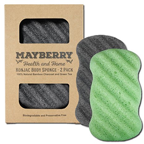 Konjac Sponge with Bamboo Charcoal and Green Tea - 2 Pack - 100% Natural Charcoal and Green Tea Body Sponges Each with Attached String for Hanging to Dry (2)