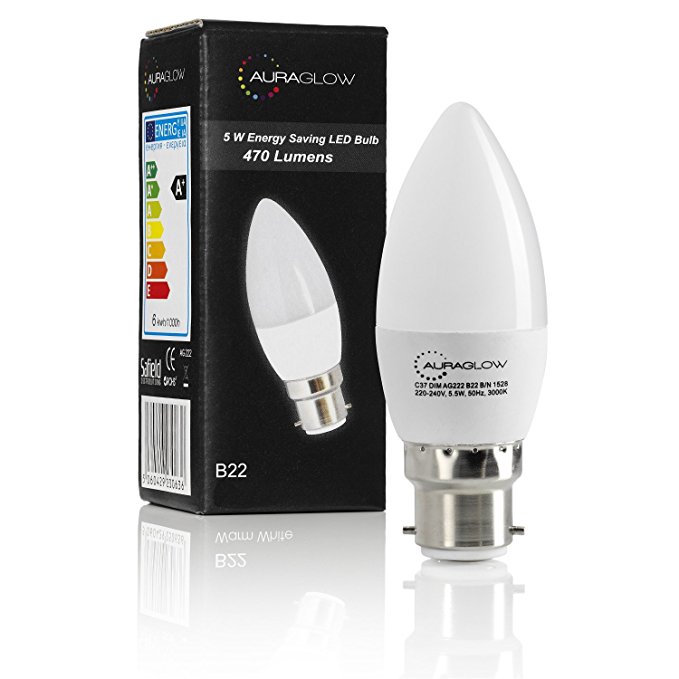 AURAGLOW 5w LED B22 Candle Light Bulb, Cool White, 6500K, 470 Lumens - 40w EQV