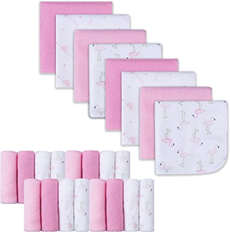 Baby Washcloths, Extra Soft and Ultra Absorbent Bath Cloth, Great Gifts for Newborn and Infants, 24 Pack, Flamingos