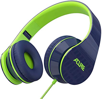 ACURE AC02 Wired Headphones with Lightweight Over Ear Design for Girls Boys Kids, Stereo Foldable Headset Compatible with Laptop Tablet PC Computer (Blue Green)
