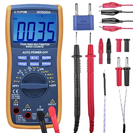 Etepon Digital Multimeter Kit, True RMS 6000 Counts Electrical Multimeter Manual and Auto Raging, Measures Voltage Tester, Current, Resistance, Continuity, Frequency; Tests Diodes, Transistors, Temperature with Temperature Probe, 2 Test Lead Set, Alligator Clips Jumper Wire (Yellow)
