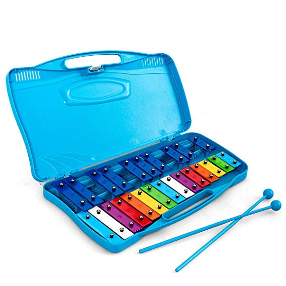 Costzon 25-Note Xylophone w/Case, Colorful Musical Toy w/Clear Tuned Metal Keys, 2 Easy-hold Child-Safe Mallets, Perfect Christmas Gift, Tuned Instrument for Kids, Toddlers (Blue Case)