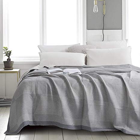 NTBAY Muslin Natural Cotton King Blanket, 106 x 92 Inches, Grey Striped