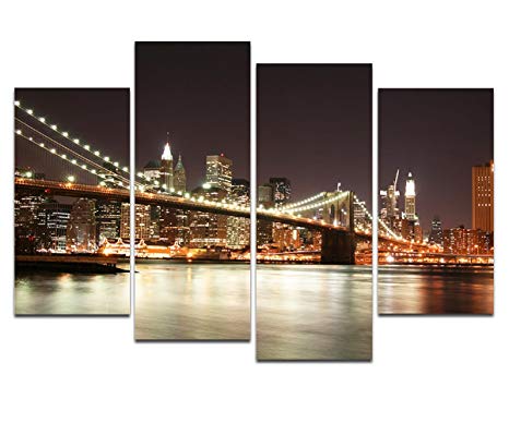 Wieco Art Brooklyn Bridge Night 4 Piece Large Canvas Prints Wall Art New York City Skyline Pictures Paintings for Living Room Bedroom Home Decoration Modern Stretched and Framed Giclee Artwork L