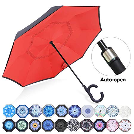 ZOMAKE Auto Open Inverted Umbrella Double Layer Reverse Umbrella, UV Protection Windproof Straight Umbrella Inside Out Umbrella for Car Rain Outdoor with C-Shaped Handle