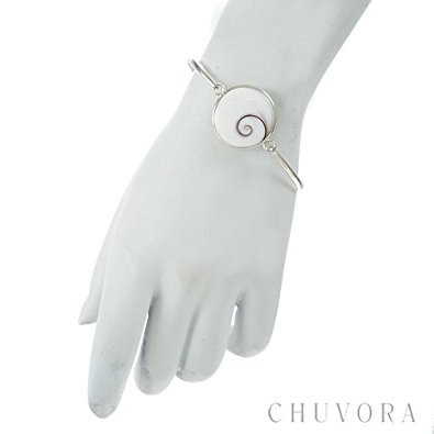 925 Sterling Silver Natural White Shiva Eye Sea Shell Bangle Bracelet