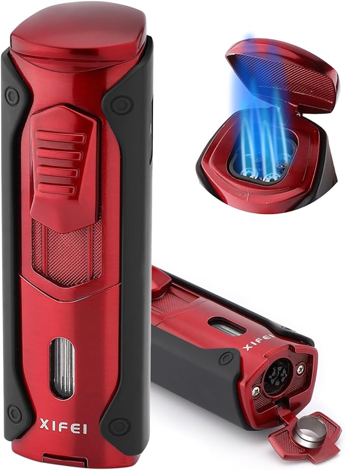 XIFEI Torch Lighter 4 Jet Flame Refillable Butane Lighter, Built-in Cigar Punch, Portable Cigar Lighter Adjustable Flame, Windproof Smoking Lighters Gift for Cigar Lovers (Red)