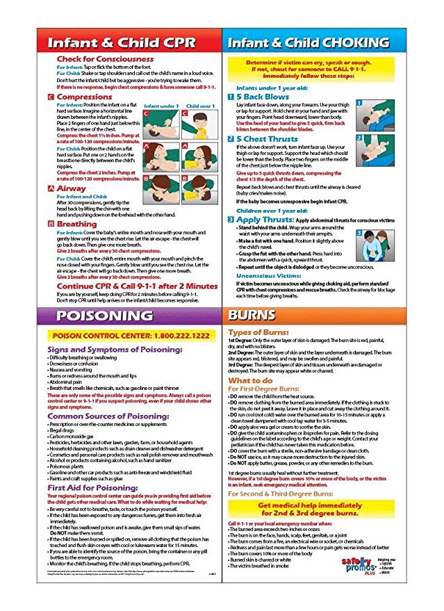 Infant & Child CPR, Choking, Poisoning & Burns First Aid Chart/Poster - 12 x 18 in. - LAMINATED