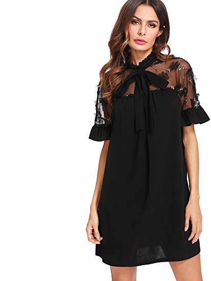 DIDK Women's Elegant Floral Embroidered Mesh Bow Tie Neck Tunic Dress