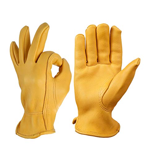 OZERO Motorcycle Gloves, Grain Deerskin Leather Driving Gloves for Rubbing Jewelry/Shooting/Hunting/Gardening/Yard Work/Farm - Extremely Soft and Perfect Fit for Men & Women (Gold,M)