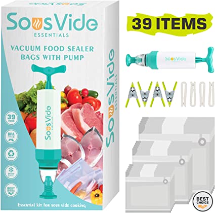 Sous Vide Essentials - Sous Vide bags 30 Reusable food vacuum sealer bags BPA-Free Ziplock for Anova and Joule Cook,1 Hand Pump, 4 Sealing Clips and 4 Sous Vide Clips, Apply for Sous vide Cooking and Food Storage/Freezer