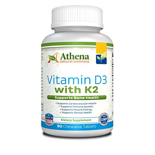Athena - Vitamin D3 2000IU With K2 ( MK7 ) - Vitamin D & K Complex - 90 Chewable Tablets - Supports Immune System, Muscle Energy, Strong Bones and Healthy Dental - Non GMO