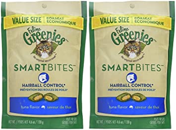 Feline Greenies 2 Pack of Smartbites Hairball Control Cat Treats, Tuna, 4.6 Ounces Per Pack