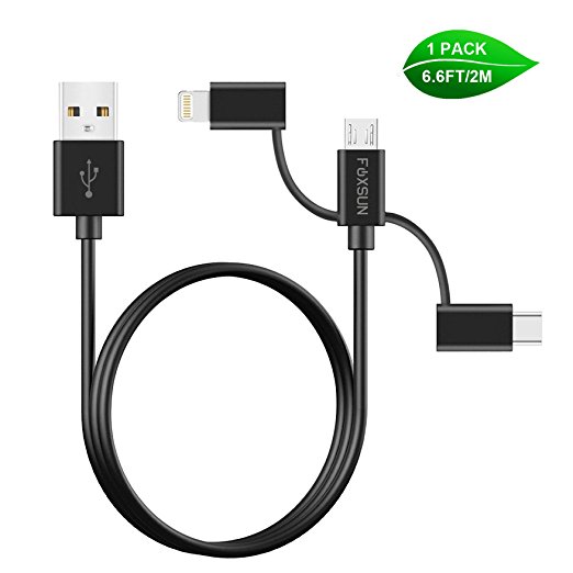 Multi USB Charging Cable, Foxsun 6.6ft/2m 3 in 1 Mutiple USB Charger Cable with 8Pin Lightning /USB Type C/Micro USB Connector for iPhone, Samsung, LG, Nexus Smartphones and More-[Apple MFI Certified]-Black